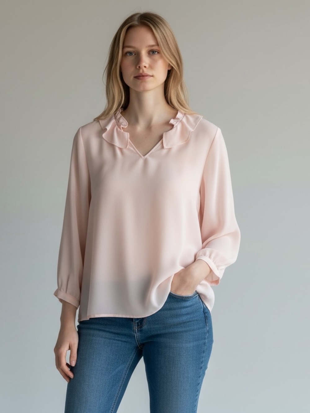 Elle Soft Pink Ruffle V-Neck Lightweight Blouse